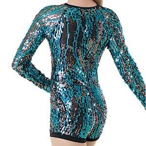 WEISSMAN Dance 9898 Costume aqua blue gold allover sequin Biketard child LC